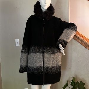 Ruff Hewn wool zippered long jacket with fur faux rabbit collar